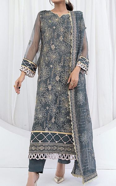 Emaan Adeel Dark Grey Organza Suit | Pakistani Embroidered Chiffon Dresses USA- Image 1