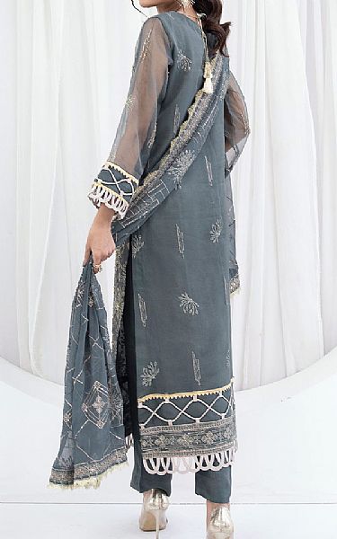 Emaan Adeel Dark Grey Organza Suit | Pakistani Embroidered Chiffon Dresses- Image 2