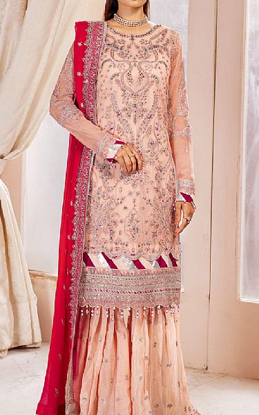 Emaan Adeel Peach Chiffon Suit | Pakistani Embroidered Chiffon Dresses- Image 1