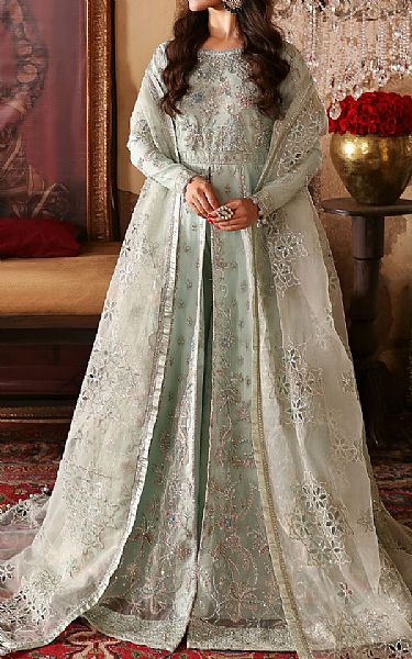 Emaan Adeel Light Turquoise Organza Suit | Pakistani Embroidered Chiffon Dresses- Image 1