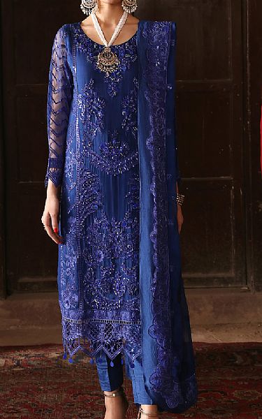 Emaan Adeel Royal Blue Chiffon Suit | Pakistani Embroidered Chiffon Dresses- Image 1