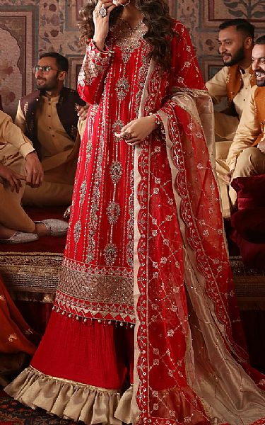 Emaan Adeel Red Chiffon Suit | Pakistani Embroidered Chiffon Dresses- Image 1