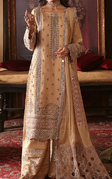 Emaan Adeel Tan Chiffon Suit | Pakistani Embroidered Chiffon Dresses- Image 1
