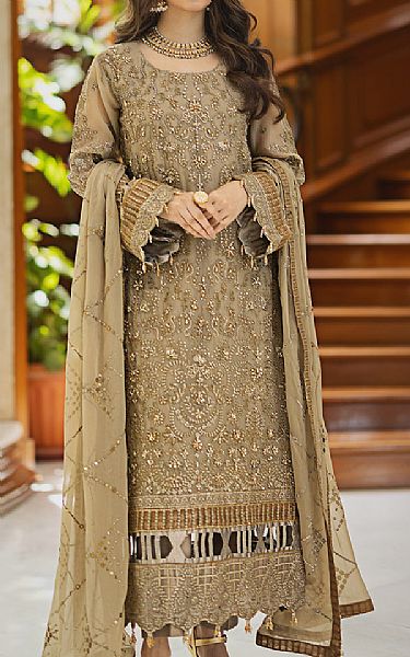 Emaan Adeel Beige Organza Suit | Pakistani Embroidered Chiffon Dresses- Image 1