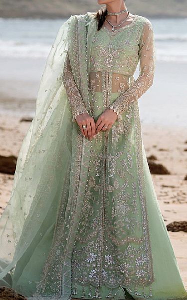 Emaan Adeel Light Green Organza Suit | Pakistani Embroidered Chiffon Dresses USA- Image 1