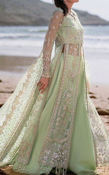 Emaan Adeel Light Green Organza Suit | Pakistani Embroidered Chiffon Dresses USA- Image 3