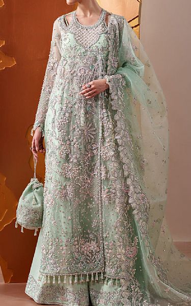 Emaan Adeel Sea Mist Organza Suit | Pakistani Embroidered Chiffon Dresses USA- Image 1