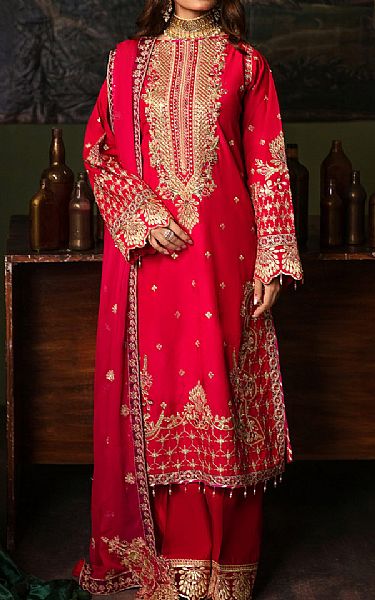 Emaan Adeel Red Ribbon Silk Suit | Pakistani Embroidered Chiffon Dresses- Image 1