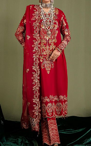 Emaan Adeel Red Silk Suit | Pakistani Embroidered Chiffon Dresses- Image 1