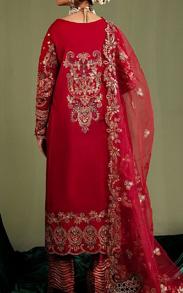 Emaan Adeel Red Silk Suit | Pakistani Embroidered Chiffon Dresses- Image 2