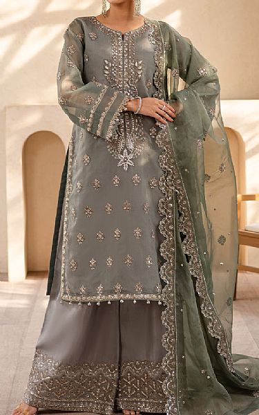 Emaan Adeel Grey Organza Suit | Pakistani Embroidered Chiffon Dresses USA- Image 1