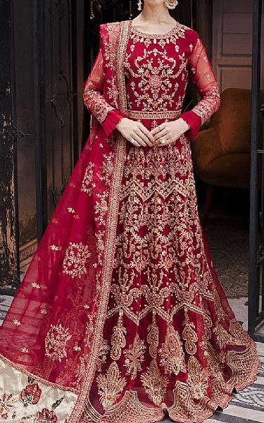 Emaan Adeel Vivid Burgundy Organza Suit | Pakistani Embroidered Chiffon Dresses USA- Image 1