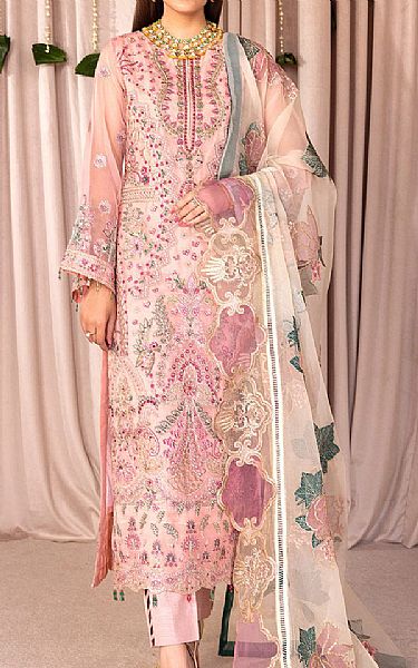 Emaan Adeel Melon Organza Suit | Pakistani Embroidered Chiffon Dresses- Image 1