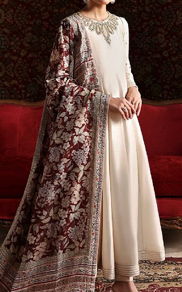 Emaan Adeel Off White Raw Silk Suit | Pakistani Embroidered Chiffon Dresses USA- Image 2