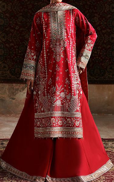 Emaan Adeel Red Raw Silk Suit | Pakistani Embroidered Chiffon Dresses USA- Image 1