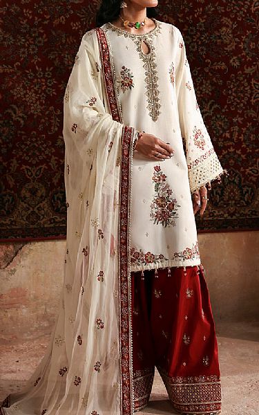 Emaan Adeel Off White Raw Silk Suit | Pakistani Embroidered Chiffon Dresses USA- Image 2