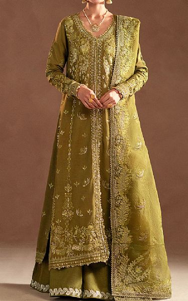 Emaan Adeel Army Green Raw Silk Suit | Pakistani Embroidered Chiffon Dresses USA- Image 1