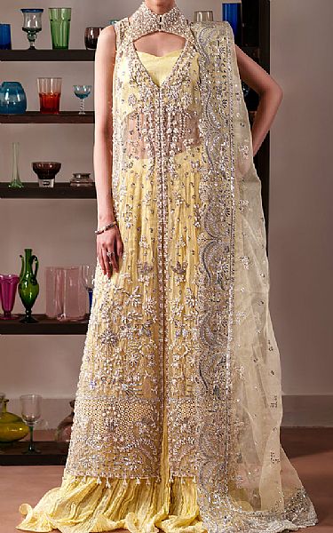 Emaan Adeel Sand Gold Organza Suit | Pakistani Embroidered Chiffon Dresses USA- Image 1