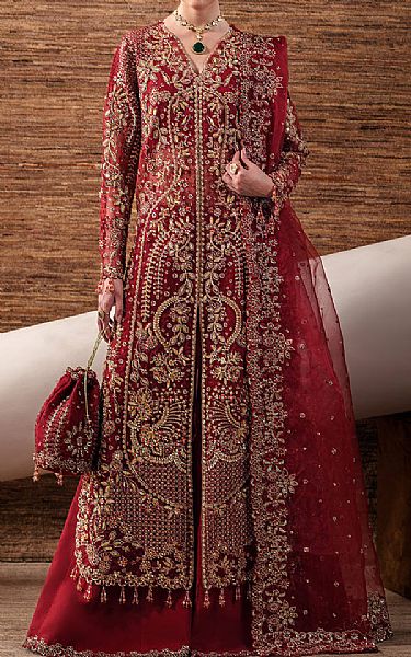 Emaan Adeel Maroon Organza Suit | Pakistani Embroidered Chiffon Dresses USA- Image 1