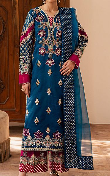 Emaan Adeel Denim Blue Organza Suit | Pakistani Embroidered Chiffon Dresses USA- Image 1