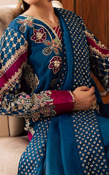 Emaan Adeel Denim Blue Organza Suit | Pakistani Embroidered Chiffon Dresses USA- Image 3