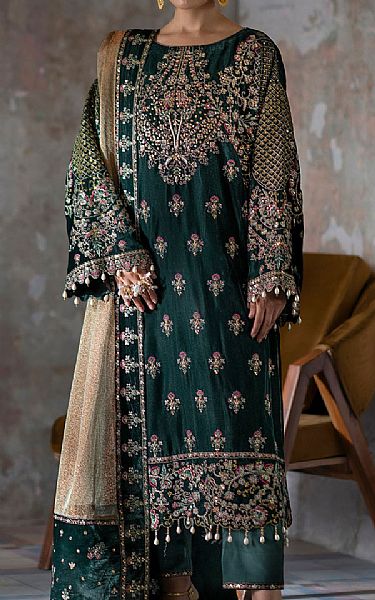 Emaan Adeel Green Velvet Suit | Pakistani Winter Dresses in USA- Image 1