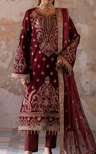Emaan Adeel Maroon Velvet Suit | Pakistani Winter Dresses in USA- Image 1