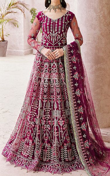 Emaan Adeel Egg Plant Net Suit | Pakistani Embroidered Chiffon Dresses- Image 1