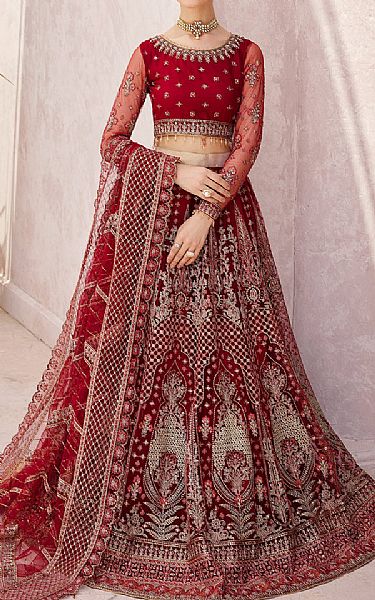 Emaan Adeel Red Net Suit | Pakistani Embroidered Chiffon Dresses- Image 1