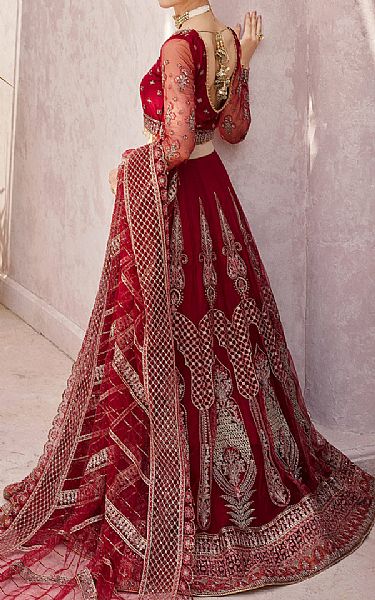 Emaan Adeel Red Net Suit | Pakistani Embroidered Chiffon Dresses- Image 2