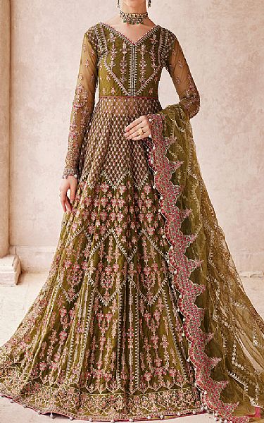 Emaan Adeel Olive Green Net Suit | Pakistani Embroidered Chiffon Dresses- Image 1