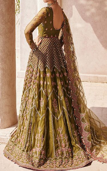 Emaan Adeel Olive Green Net Suit | Pakistani Embroidered Chiffon Dresses- Image 2