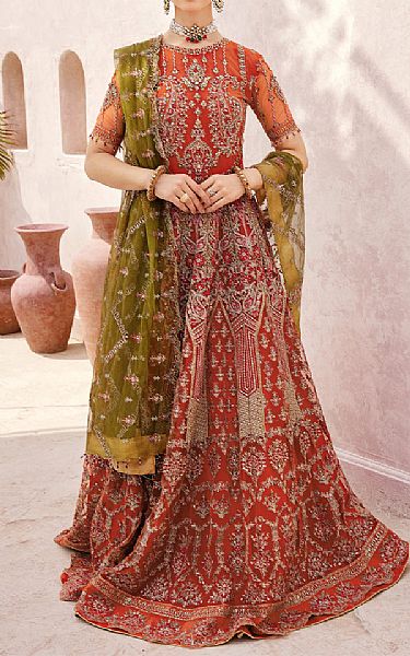 Emaan Adeel Orange Net Suit | Pakistani Embroidered Chiffon Dresses- Image 1