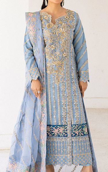 Emaan Adeel Light Blue Grey Chiffon Suit | Pakistani Embroidered Chiffon Dresses- Image 1