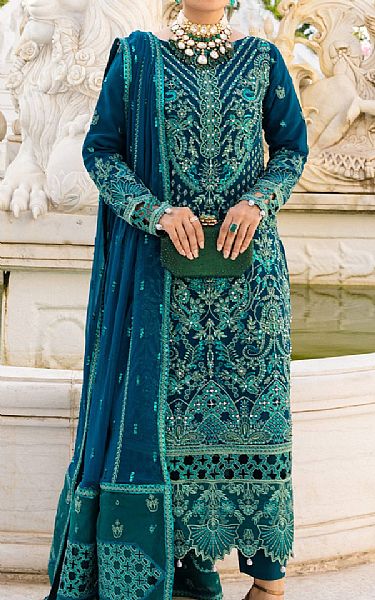 Emaan Adeel Teal Blue Chiffon Suit | Pakistani Embroidered Chiffon Dresses- Image 1