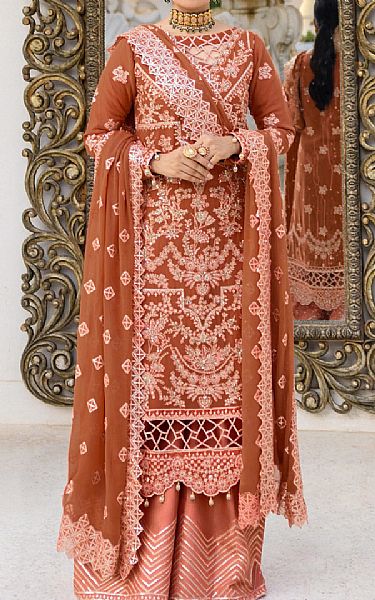 Emaan Adeel Rust Brown Chiffon Suit | Pakistani Embroidered Chiffon Dresses- Image 1