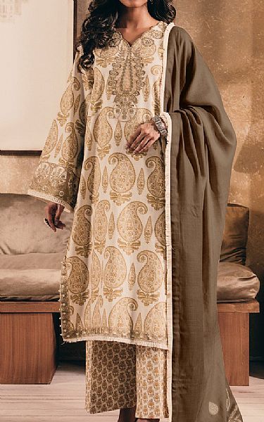 Ethnc Golden Brown/Off White Khaddar Suit | Pakistani Winter Dresses in USA- Image 1
