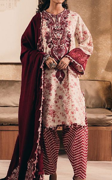 Ethnc Off White/Wine Khaddar Suit | Pakistani Winter Dresses in USA- Image 1