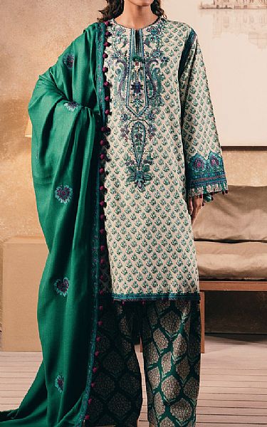 Ethnc Ivory/Green Khaddar Suit | Pakistani Winter Dresses in USA- Image 1