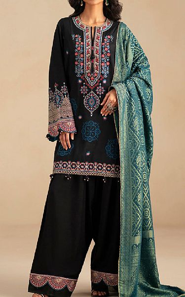 Ethnc Black Raw Silk Suit | Pakistani Embroidered Chiffon Dresses USA- Image 1