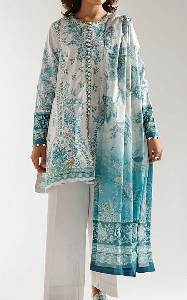 Ethnc Off White/Light Aqua Lawn Suit | Pakistani Lawn Dress in USA- Image 1