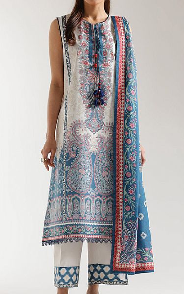 Ethnc Off White/Slate Blue Lawn Suit | Pakistani Lawn Dress in USA- Image 1