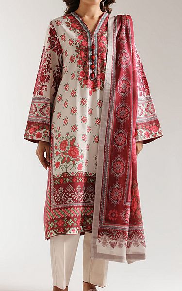 Ethnc Off White/Faded Red Lawn Suit | Pakistani Lawn Dress in USA- Image 1