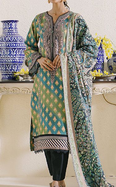 Ethnic Pastel Green/Turquoise Khaddar Suit (2 Pcs) | Pakistani Dresses in USA- Image 1