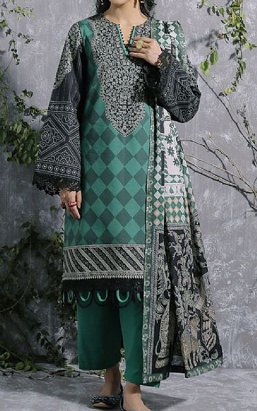Ethnic Emerald Green Lawn Suit | Pakistani Dresses in USA- Image 1