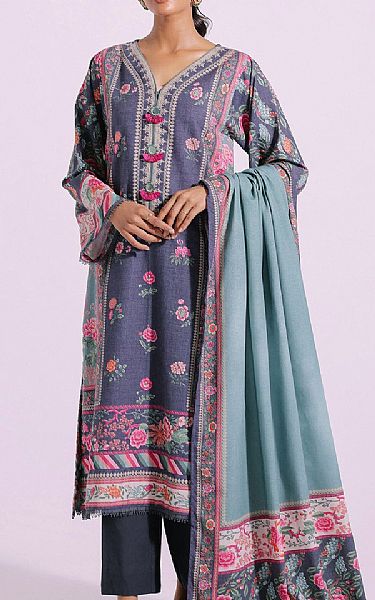 Ethnic Dolphin Blue Karandi Suit | Pakistani Winter Dresses- Image 1