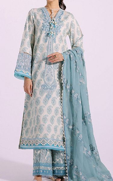 Ethnic White/Blue Lawn Suit | Pakistani Lawn Suits- Image 1