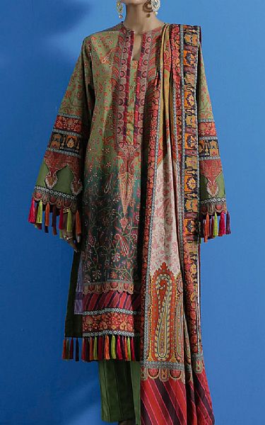 Ethnic Medium Olive Viscose Suit | Pakistani Dresses in USA- Image 1