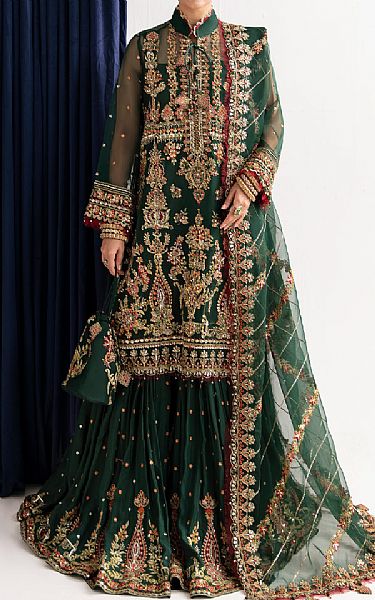 Fabiha Fatima Bottle Green Organza Suit | Pakistani Embroidered Chiffon Dresses- Image 1