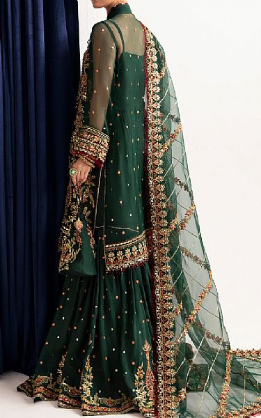 Fabiha Fatima Bottle Green Organza Suit | Pakistani Embroidered Chiffon Dresses- Image 2